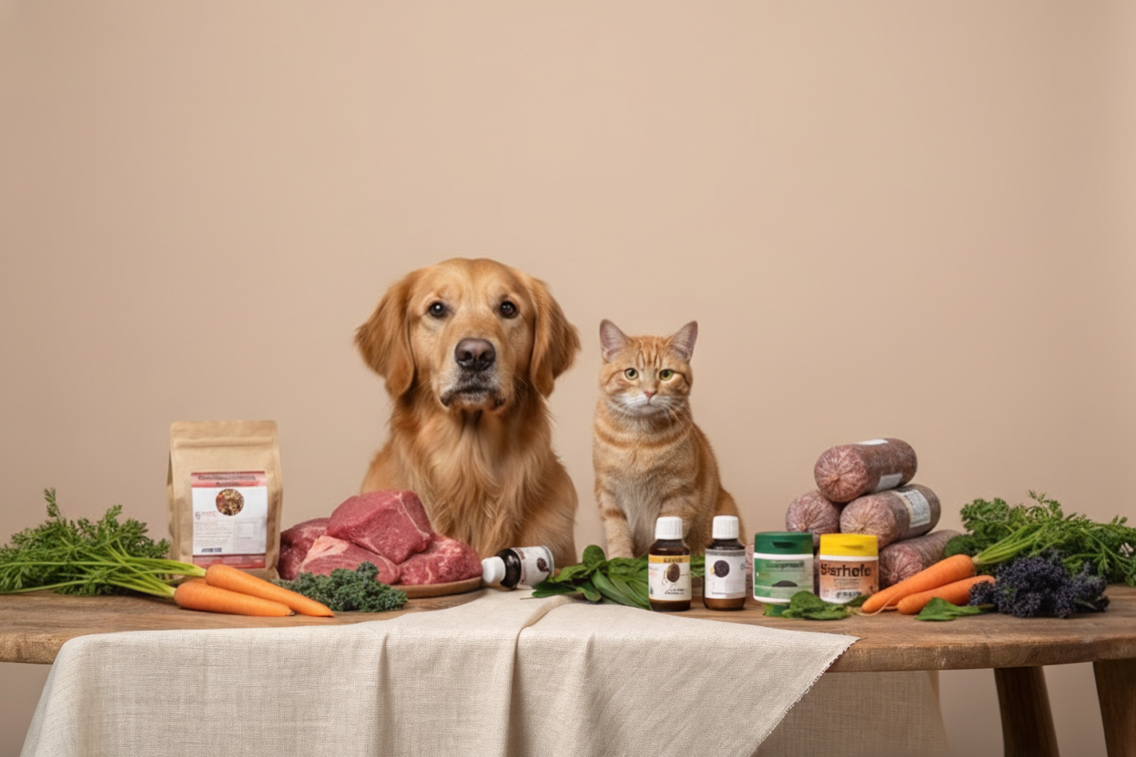 Hund und Katze an einer Tafel mit Frostfleisch, Gemüse und Futterergänzungen