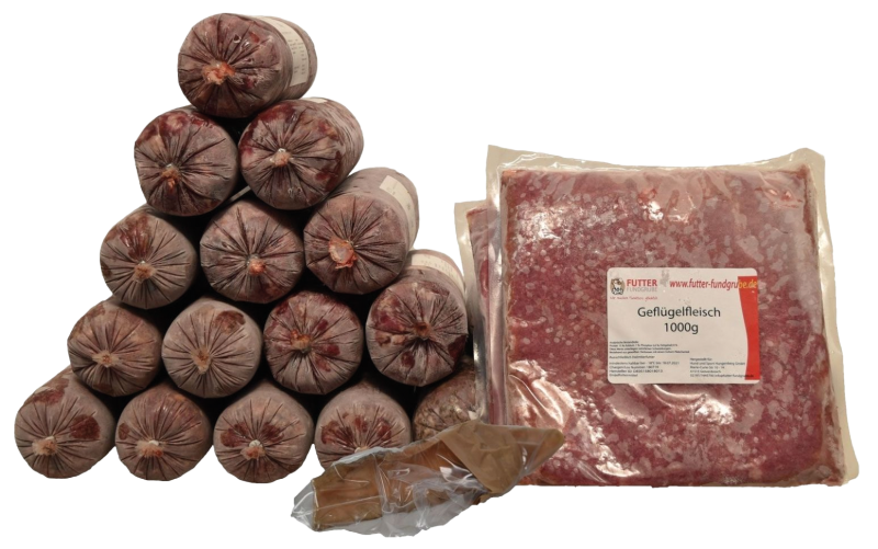 Paket mit vier Sorten Frostfleisch – Geflügel, Rindermix, Pansen und Schlachtmix