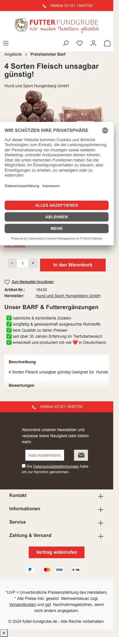 Die heutige Produktseite auf dem Handy, überlagert vom Cookie-Hinweis